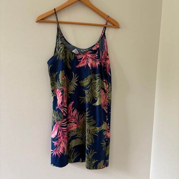 Joyspun Navy Blue Tropical Dress Print PJ Pajama Slip Gown Chemise Women's L - Picture 6 of 8